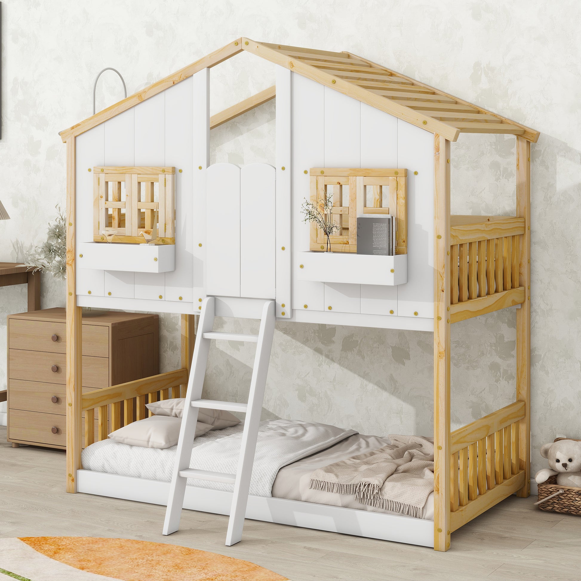 White and Gold  Twin over Twin  Townhouse Bunk Bed