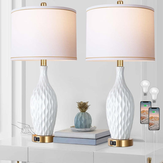 White & Gold Textured 3-Way Table Lamps - Set of 2