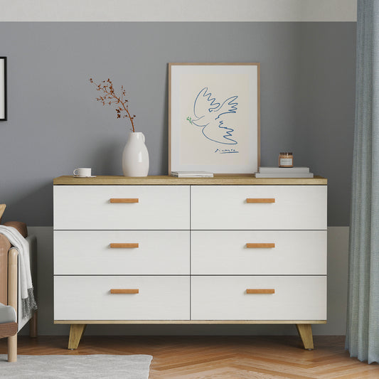 White & Brown Wide 6 Drawer Dresser