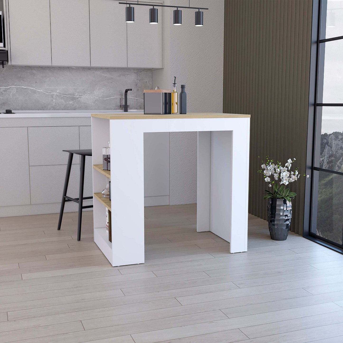 White Kitchen Bar with 3-Side Shelves