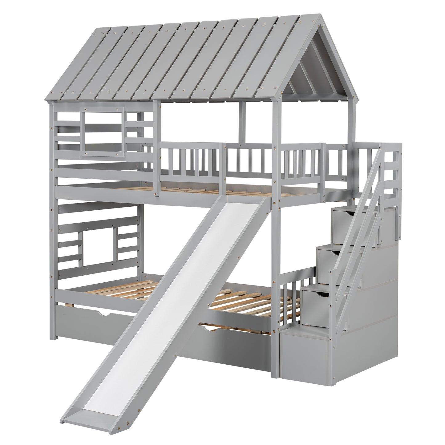 Grey Twin Town House Bunk Bed with Trundle and Slide