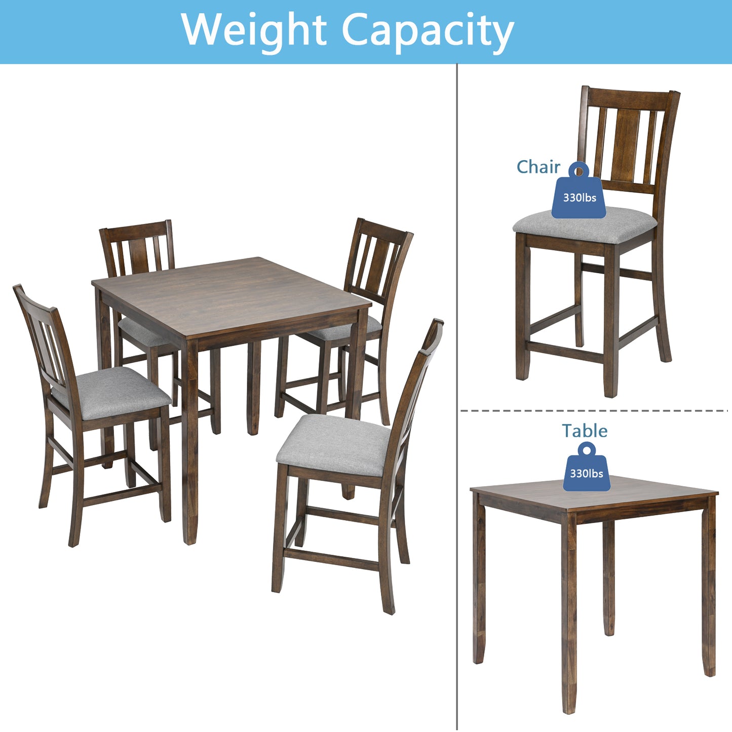 Walnut 5 Piece Counter High Dining Set