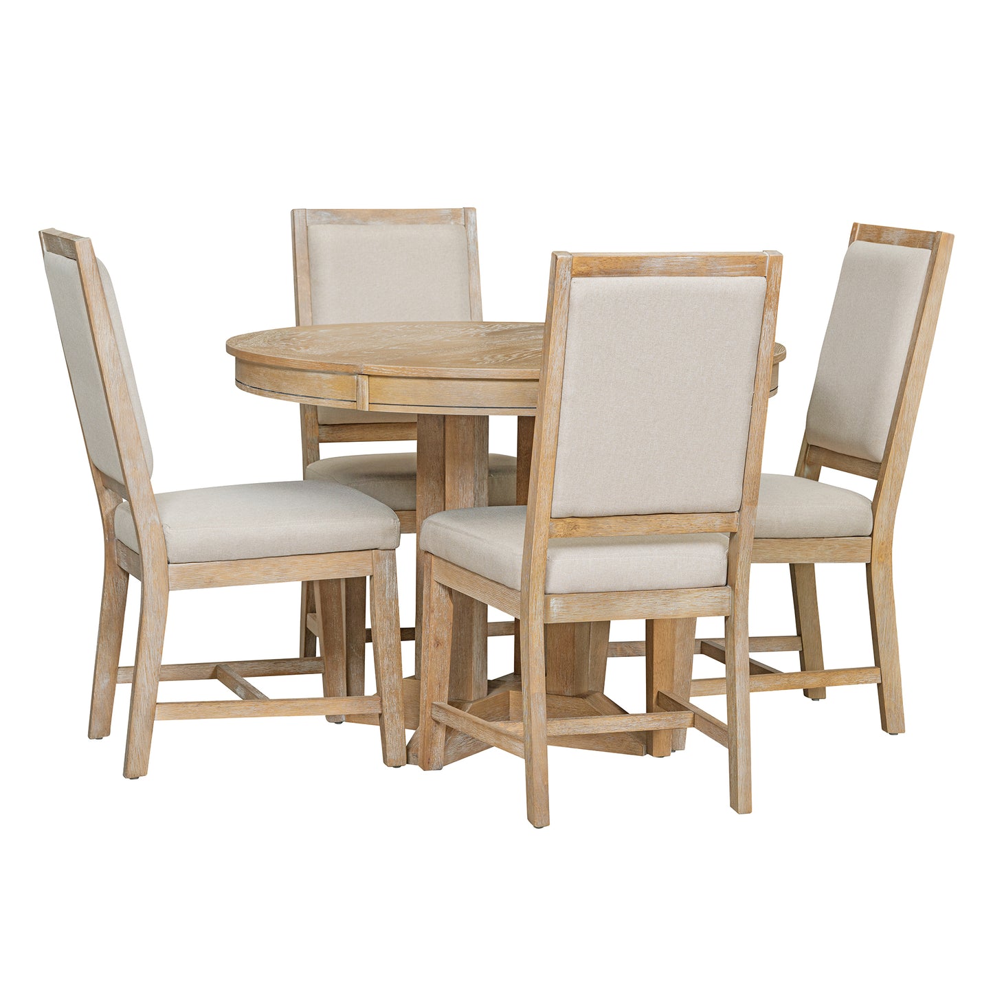 Natural 5-Piece Extendable Round Table and 4 Upholstered Chairs