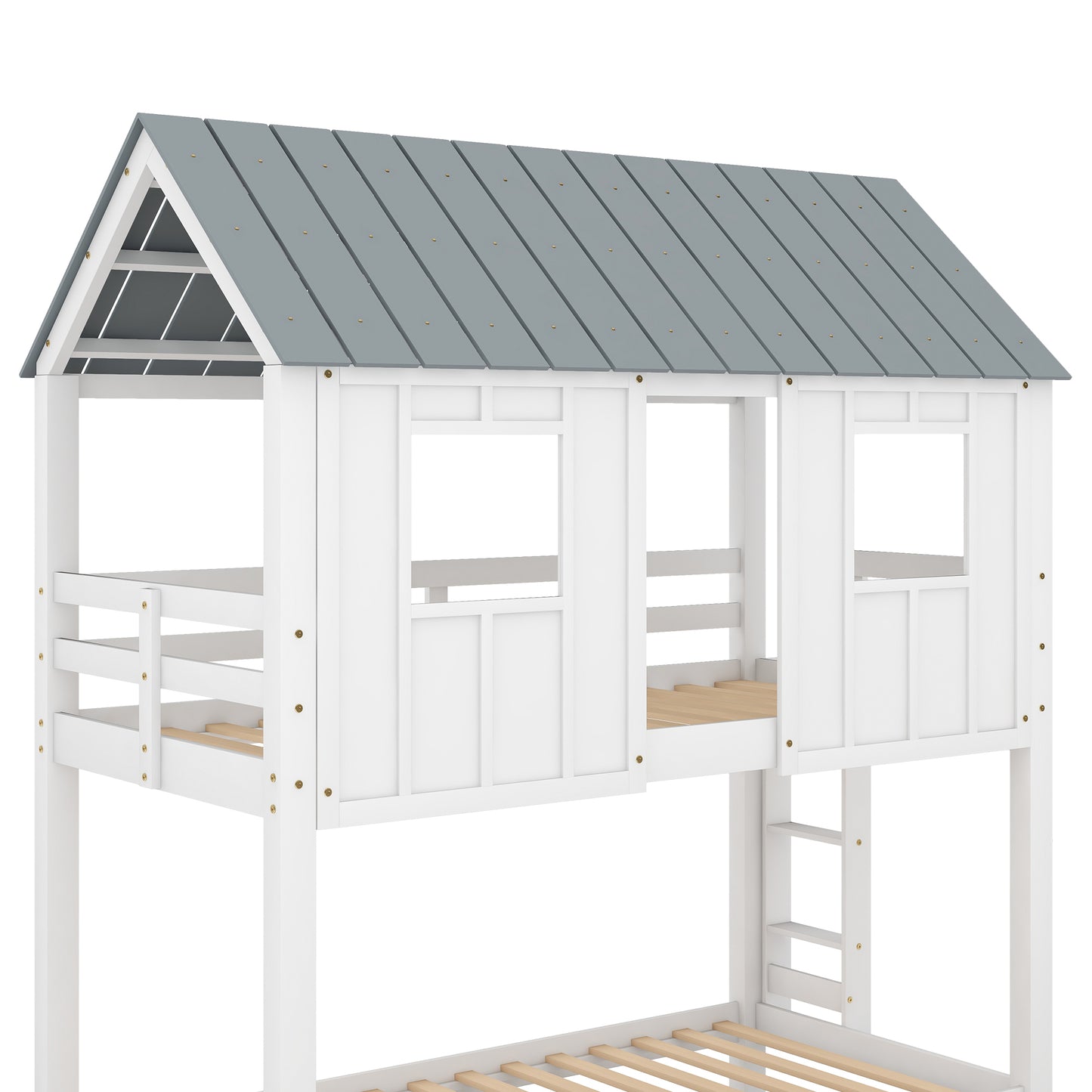 White & Grey House Bunk Bed with Trundle