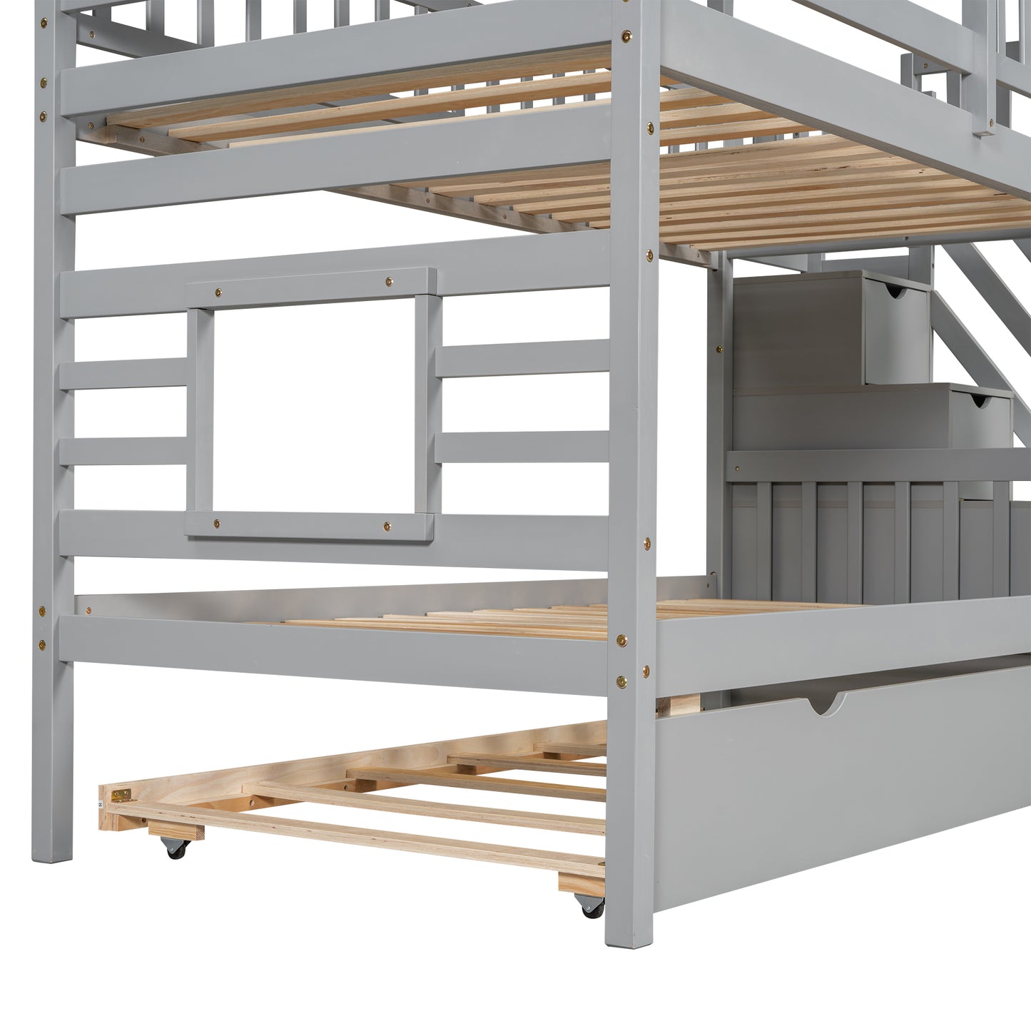 Grey Twin Town House Bunk Bed with Trundle and Slide