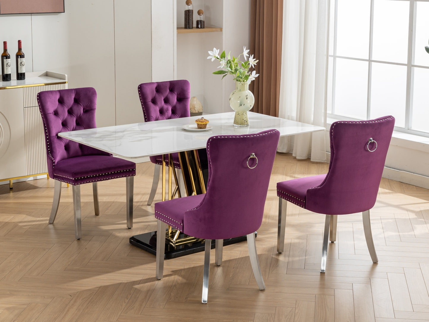 Purple High-End Button Tufted Velvet Dining Chair with Chrome Legs Set of 2