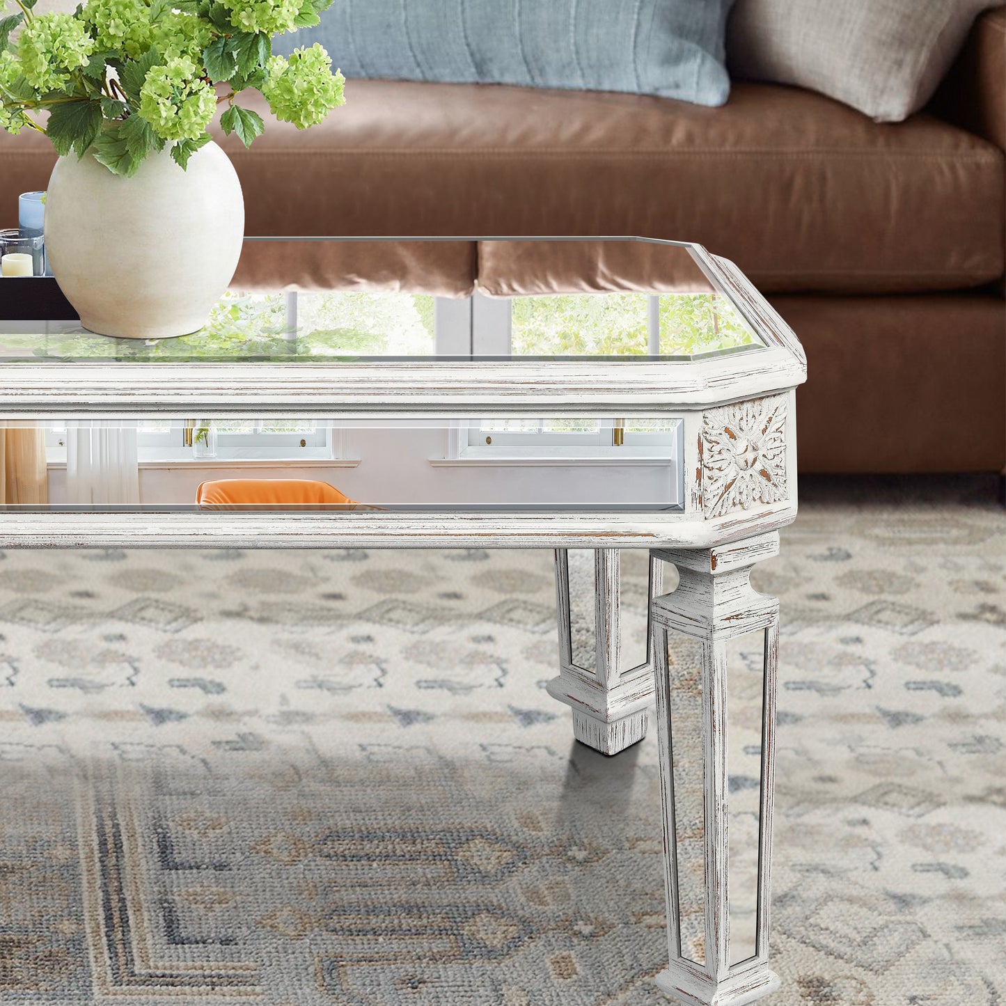 Silver Carved Mirrored Rectangle Coffee Table