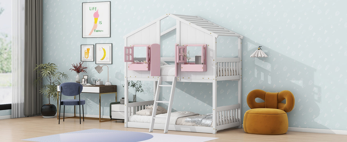 Sweet White and Pink Twin Play House Bunk Bed