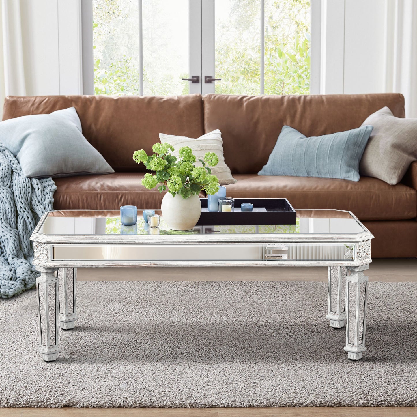 Silver Carved Mirrored Rectangle Coffee Table