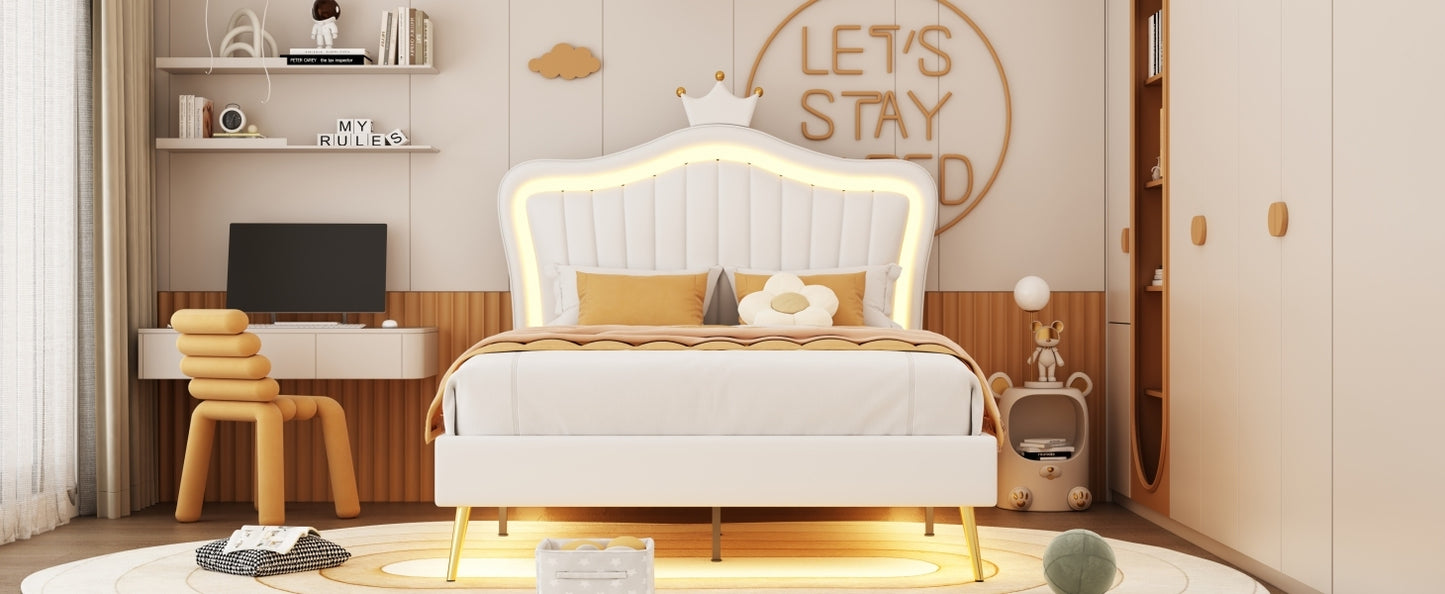 White Full Size LED Princess Bed With Crown Headboard