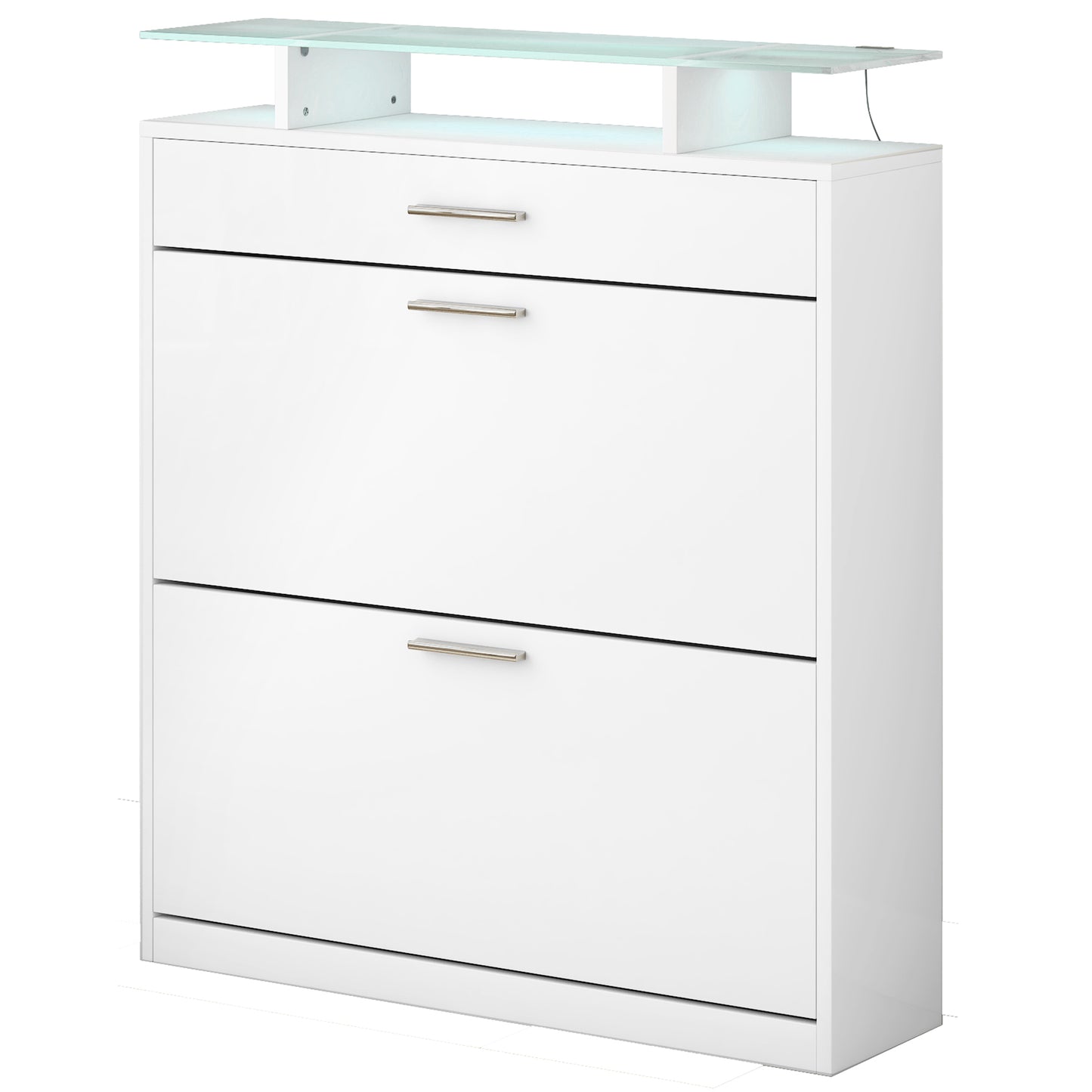 LED White Shoe Cabinet with 2 Flip Drawers