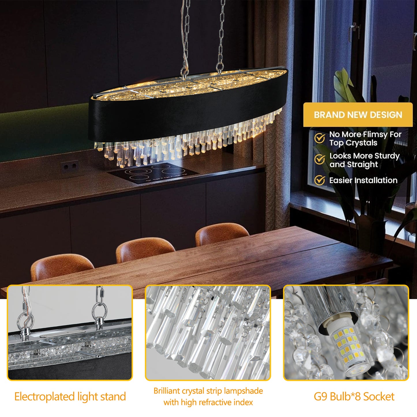 Modern Black Oblong Crystal Chandelier