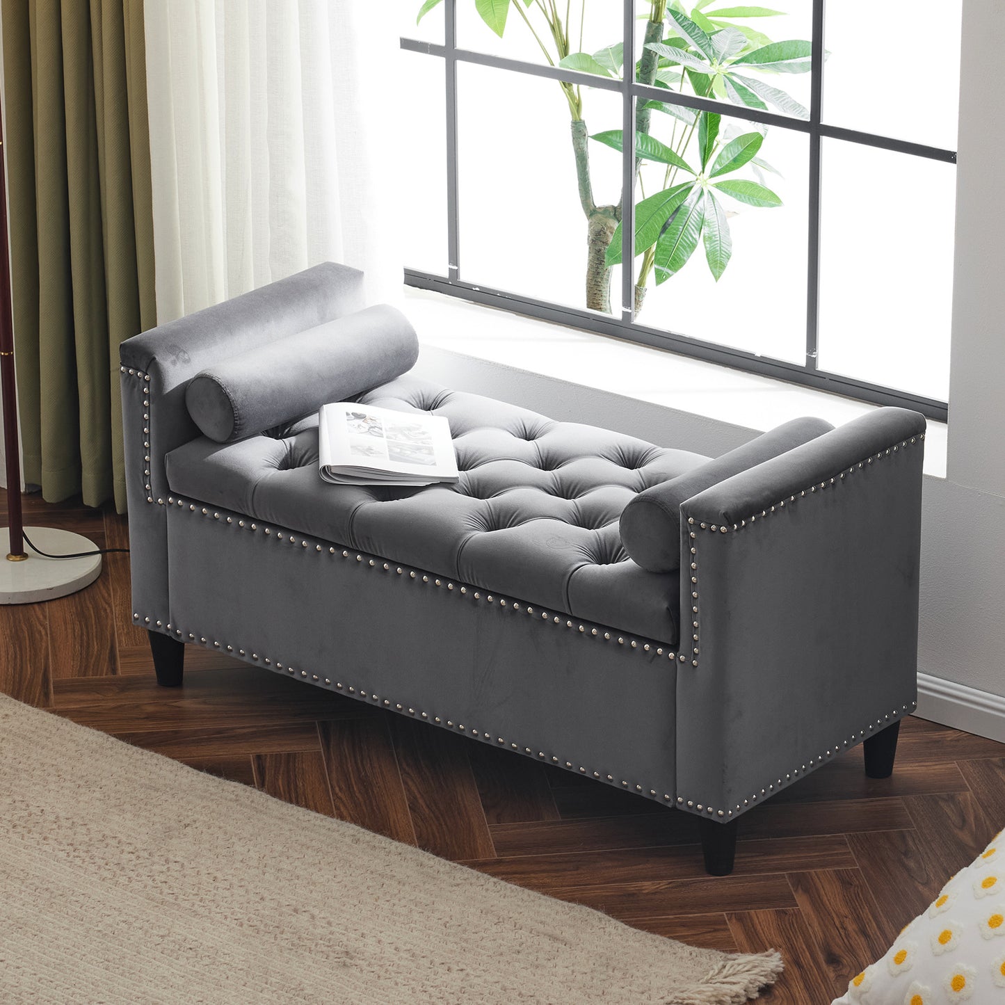 Gray Velvet Button Tufted Storage Bench