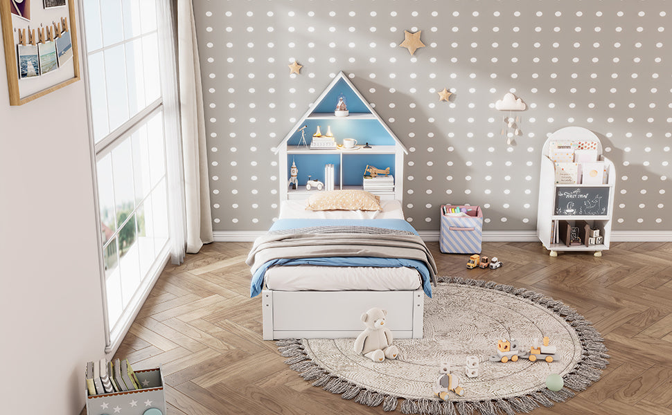 White & Blue House-Shaped Twin Bed with Bookcase Headboard