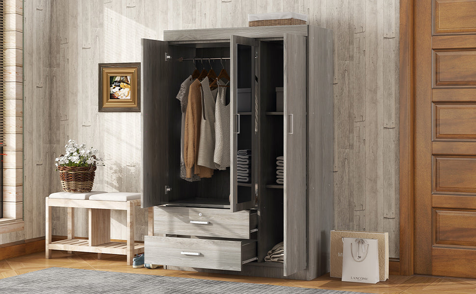 Gray 3-Door Mirrored Wardrobe