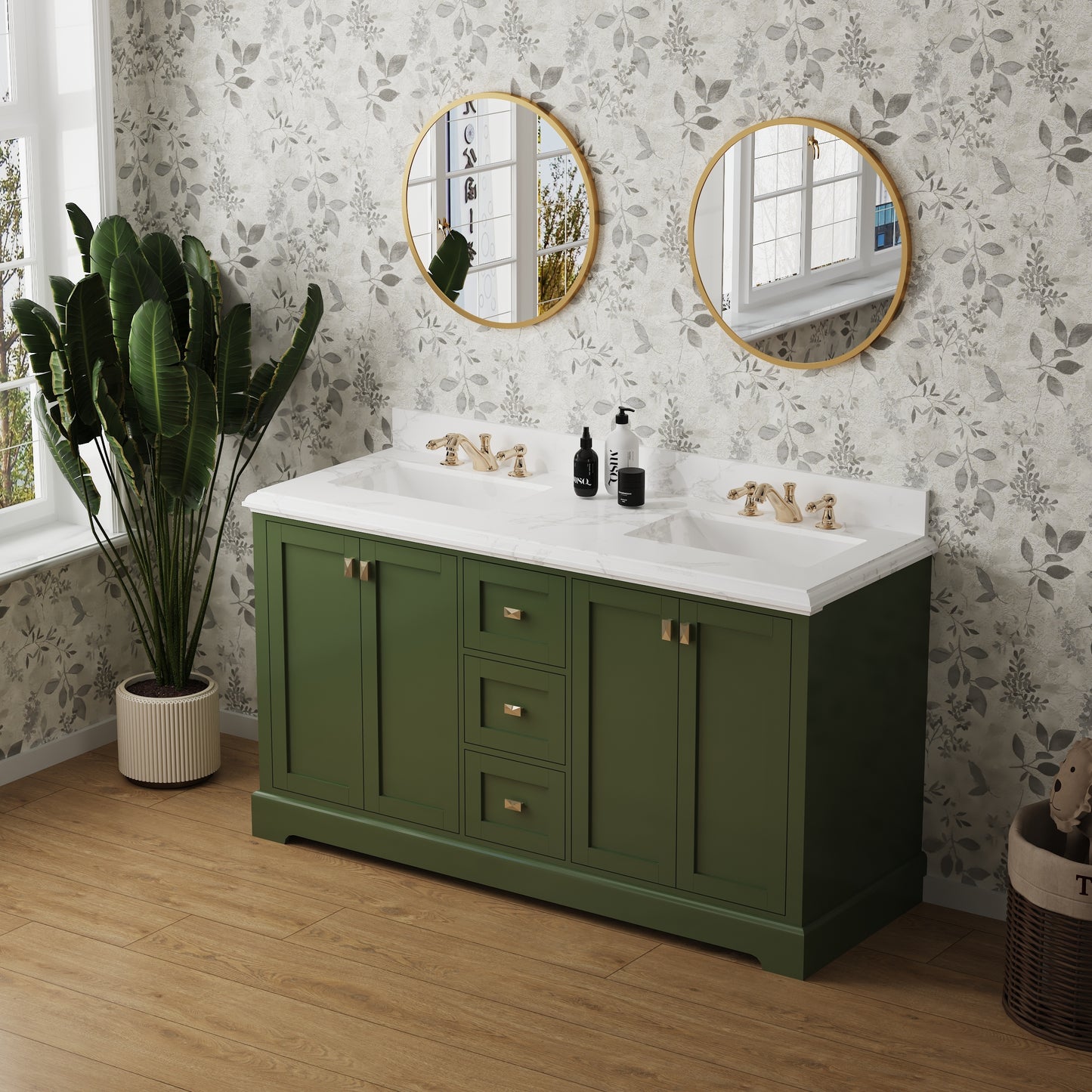 Green 60" Double Sink Vanity with Marble Countertop