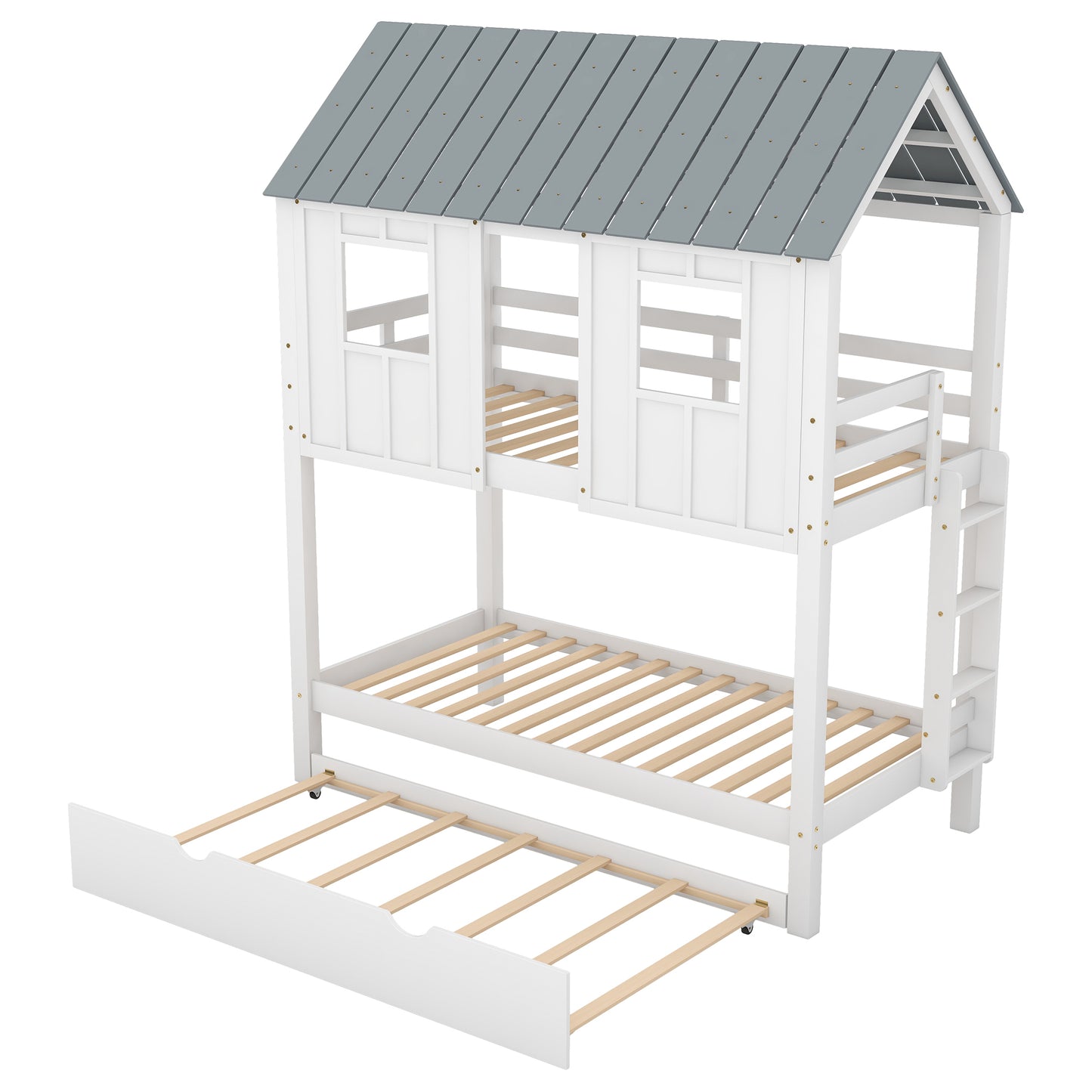 White & Grey House Bunk Bed with Trundle