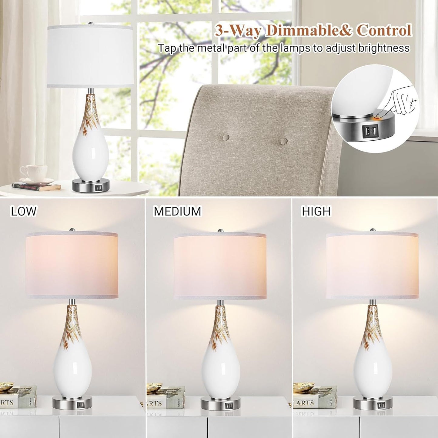 White & Gold Modern Art Glass Bedside Lamps Set