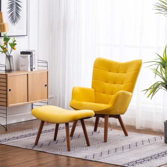 Yellow Velvet Tufted Accent Chair with Ottoman