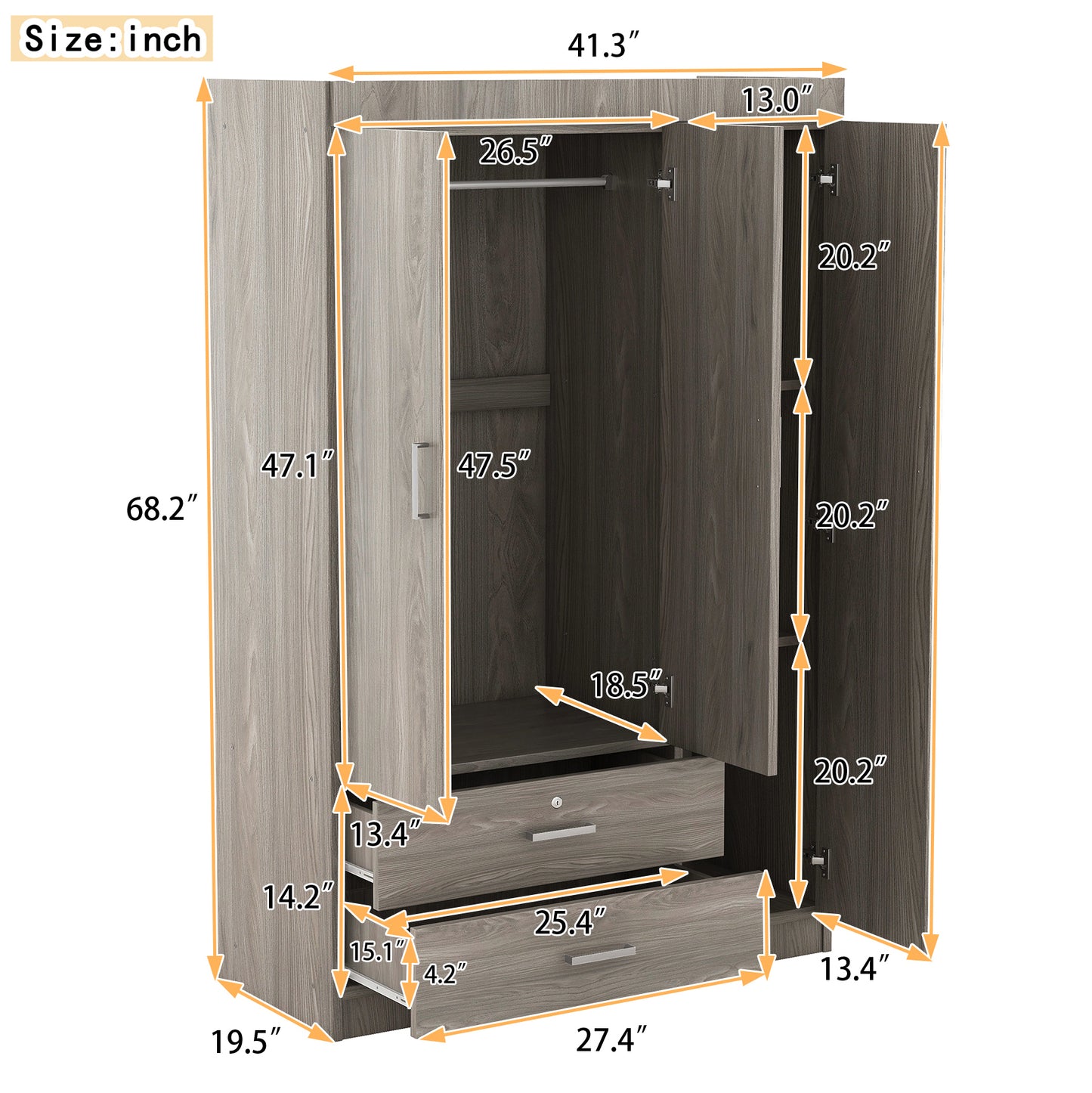 Gray 3-Door Mirrored Wardrobe