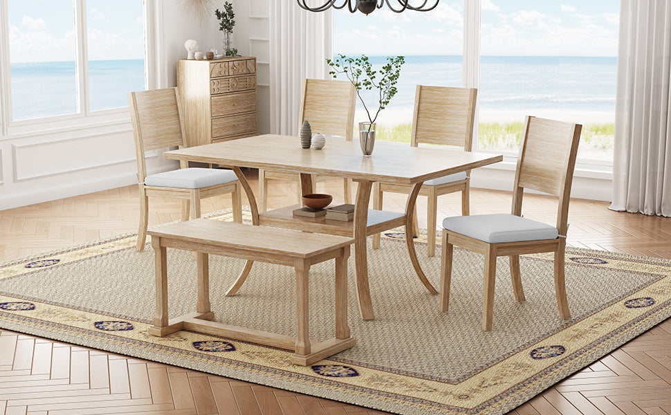 Modern Style 6-Piece Light Wood Dining Set with Storage Shelf