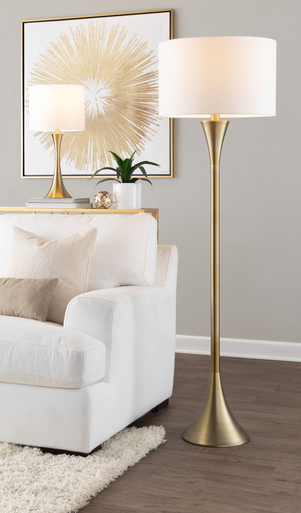 Gold Metal with White Linen Shade Floor Lamp