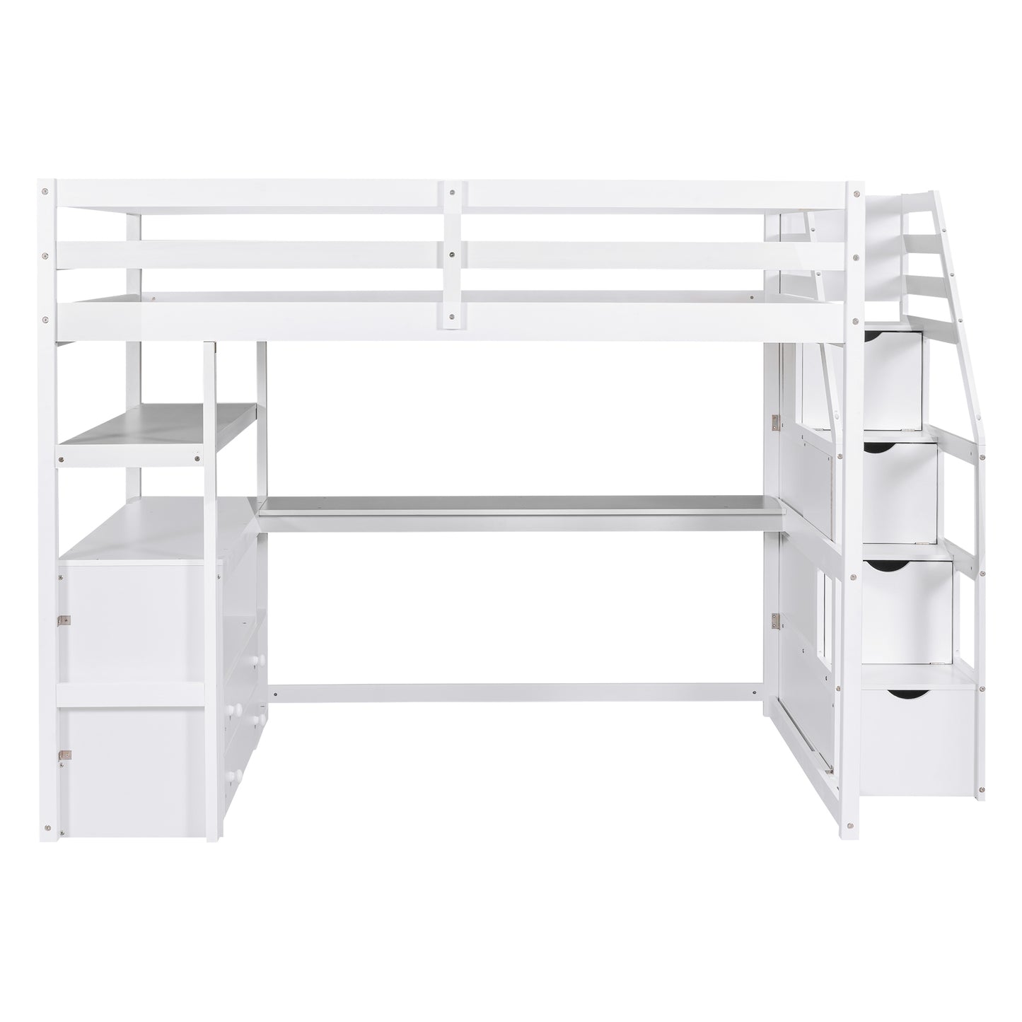 White Full Size Loft Bed with Desk, Shelves, and Built-in Drawers