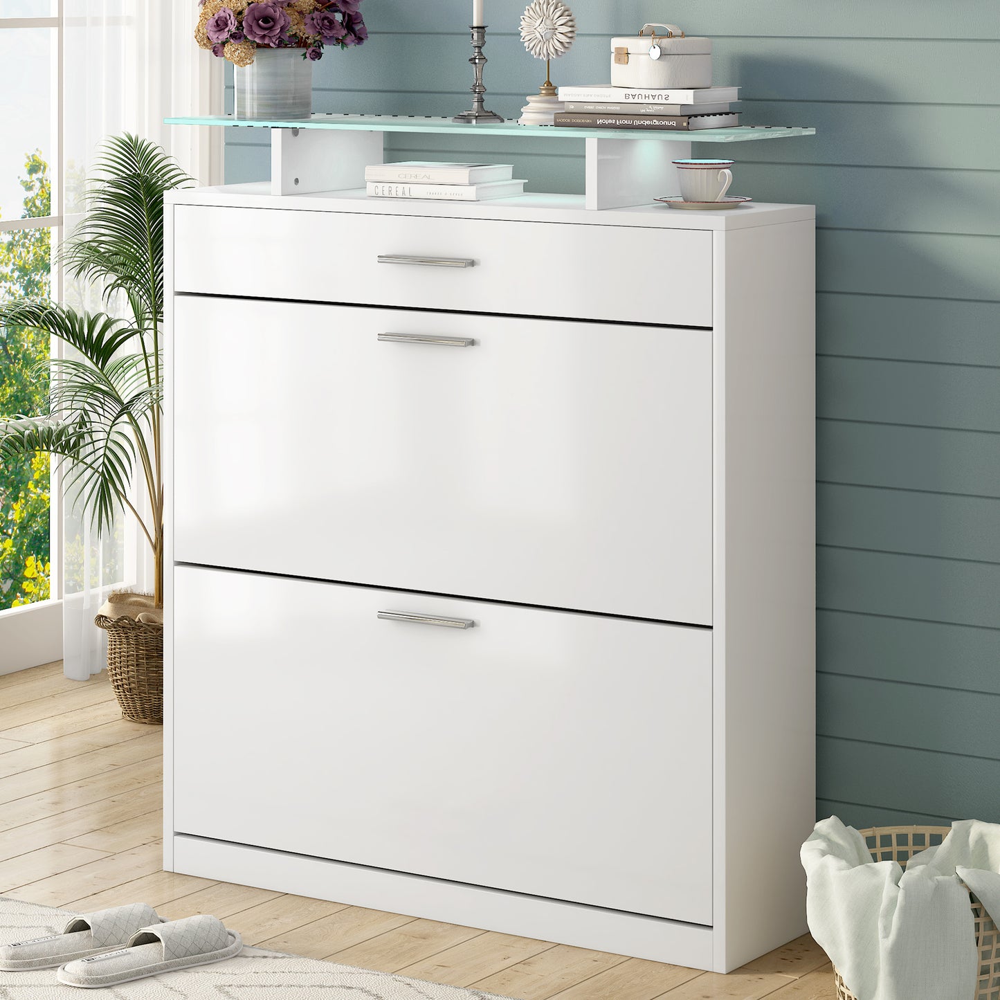 LED White Shoe Cabinet with 2 Flip Drawers