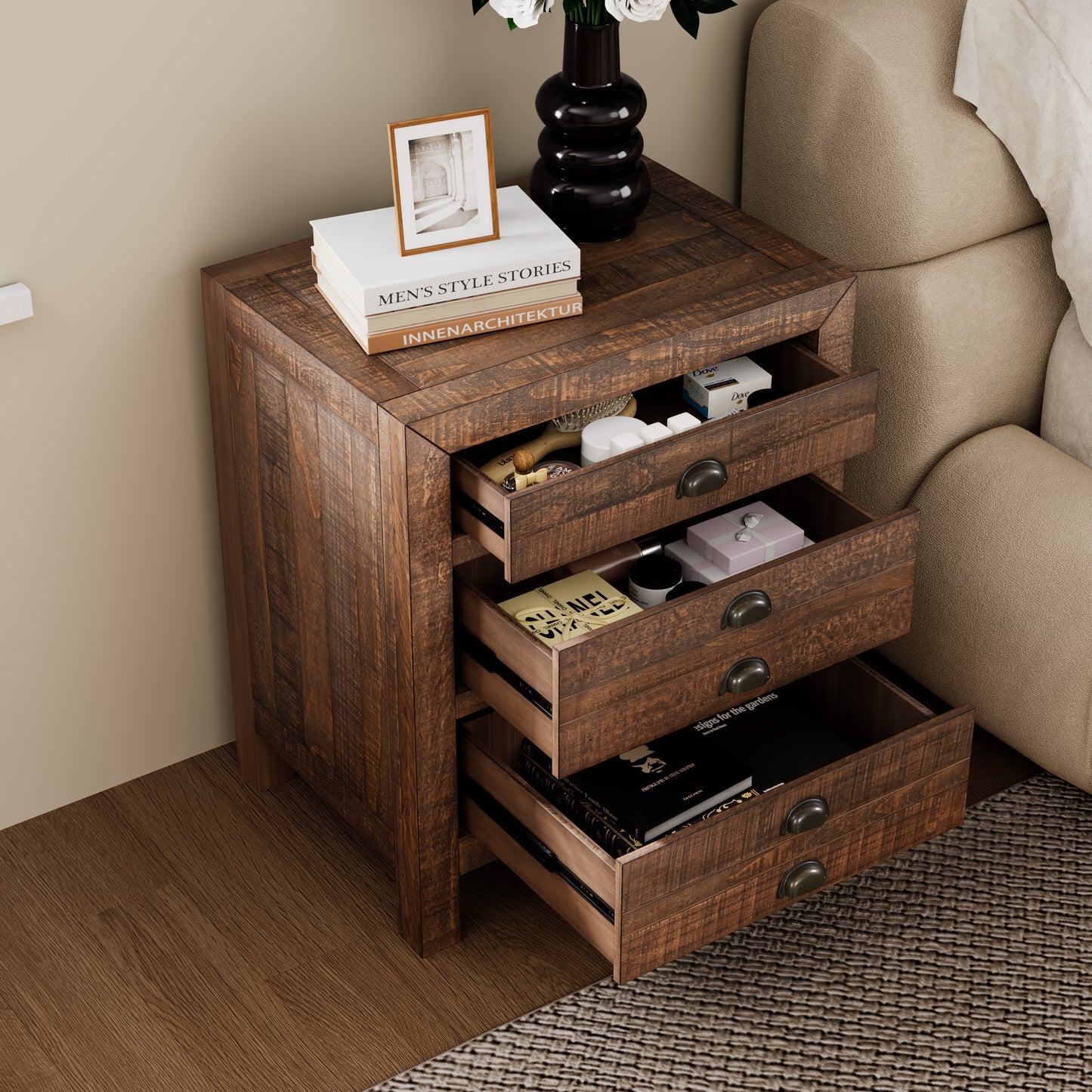 Rustic 3-Drawer Pine Wood Nightstand