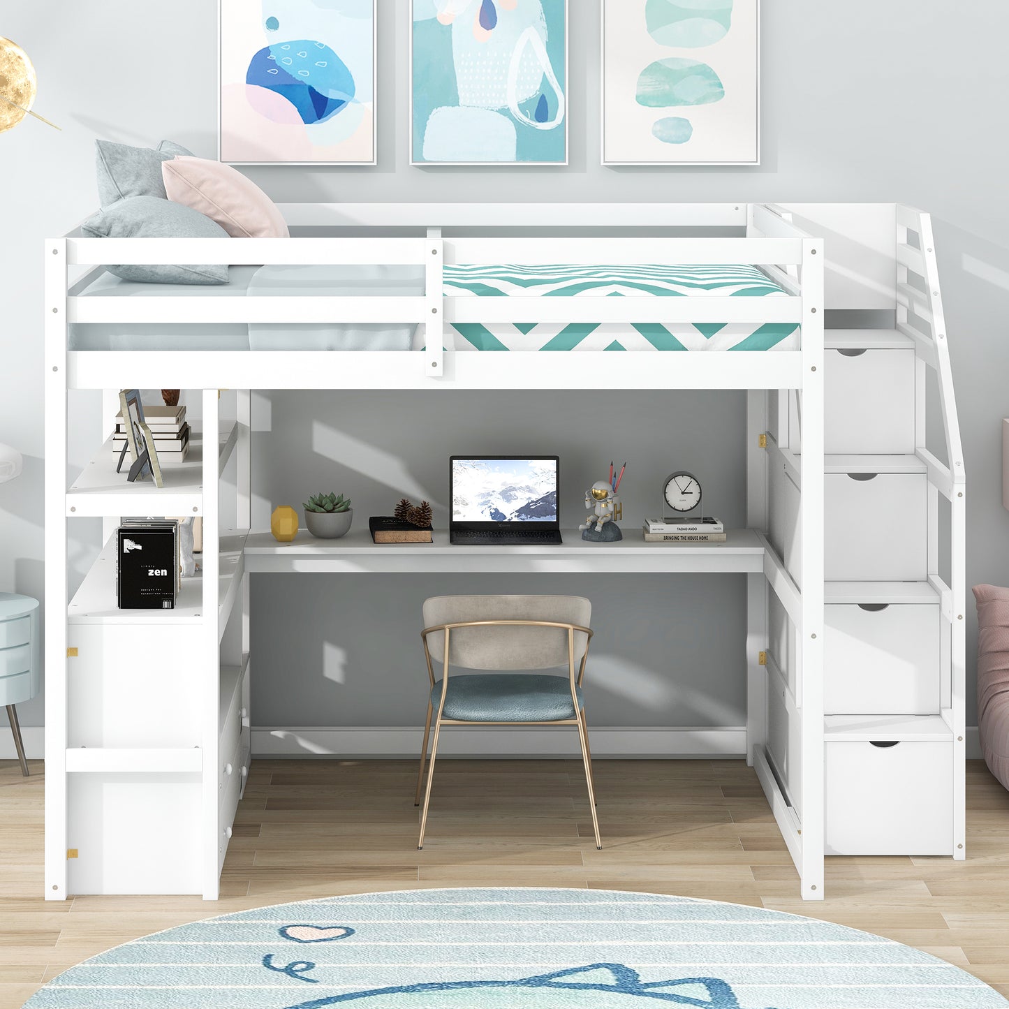 White Full Size Loft Bed with Desk, Shelves, and Built-in Drawers