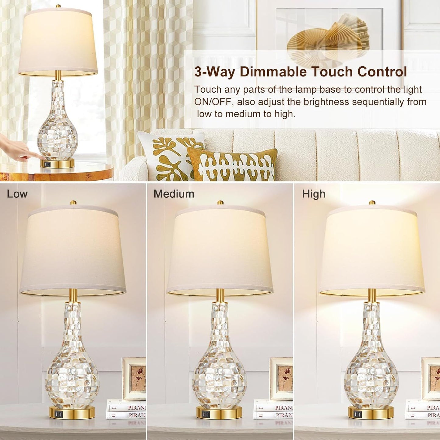 Golden Shell 3-Way Table Lamp Set of 2