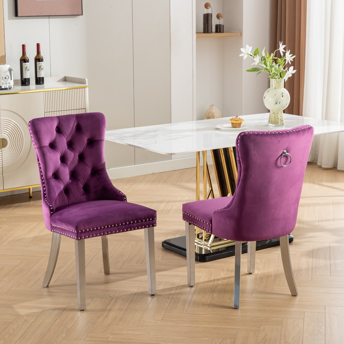 Purple High-End Button Tufted Velvet Dining Chair with Chrome Legs Set of 2