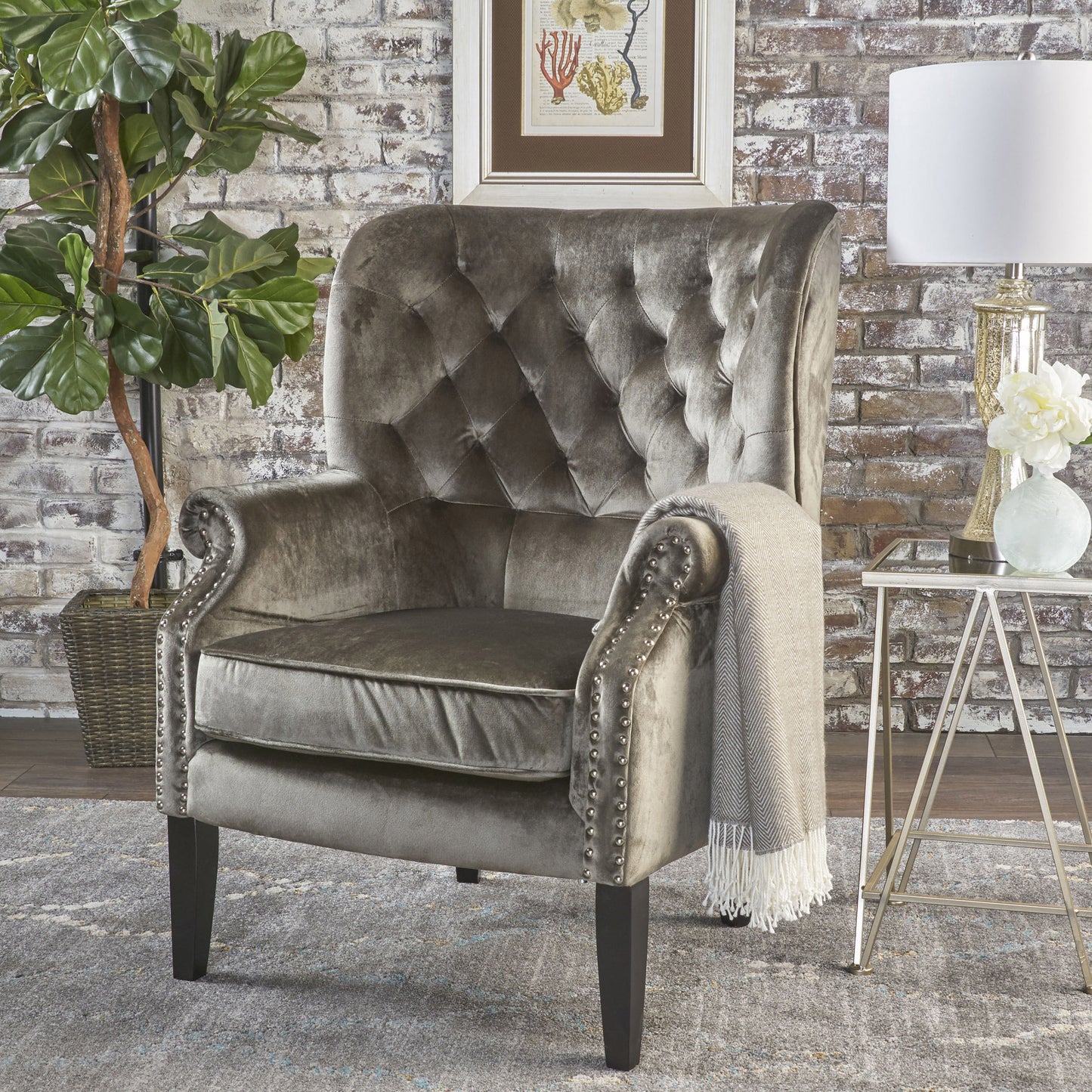 Platinum Tufted Velvet Wingback Club Chair