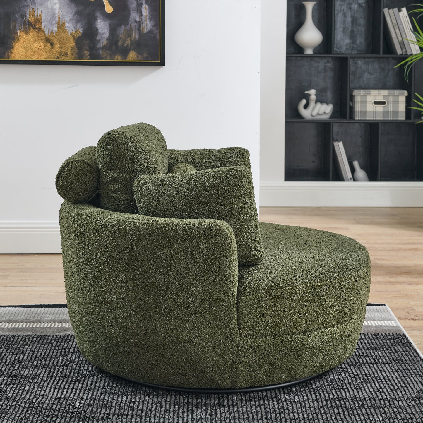 Oversized Round Green Swivel Chair with Wrap Around Storage Ottoman