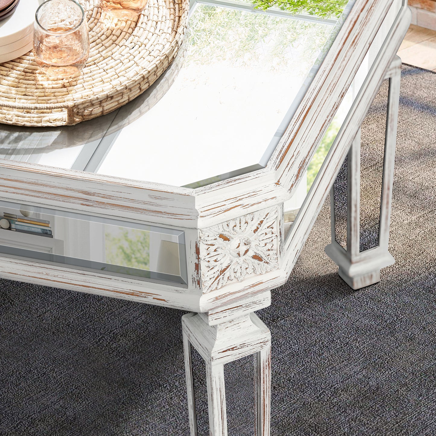 Silver Carved Mirrored Rectangle Coffee Table