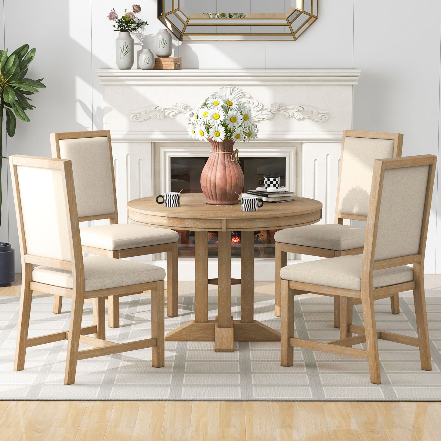 Natural 5-Piece Extendable Round Table and 4 Upholstered Chairs