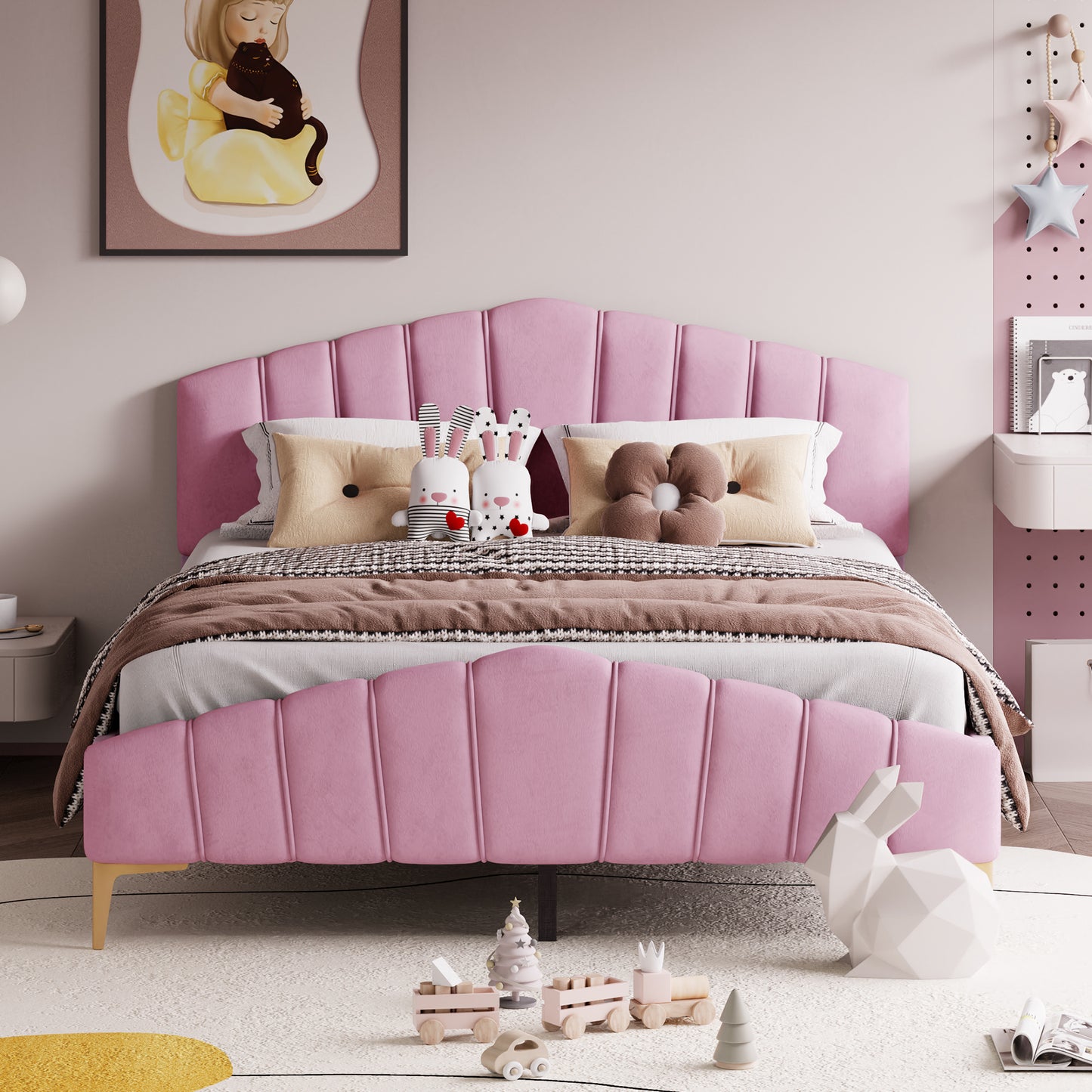 Queen Size Pink Velvet Platform Bed