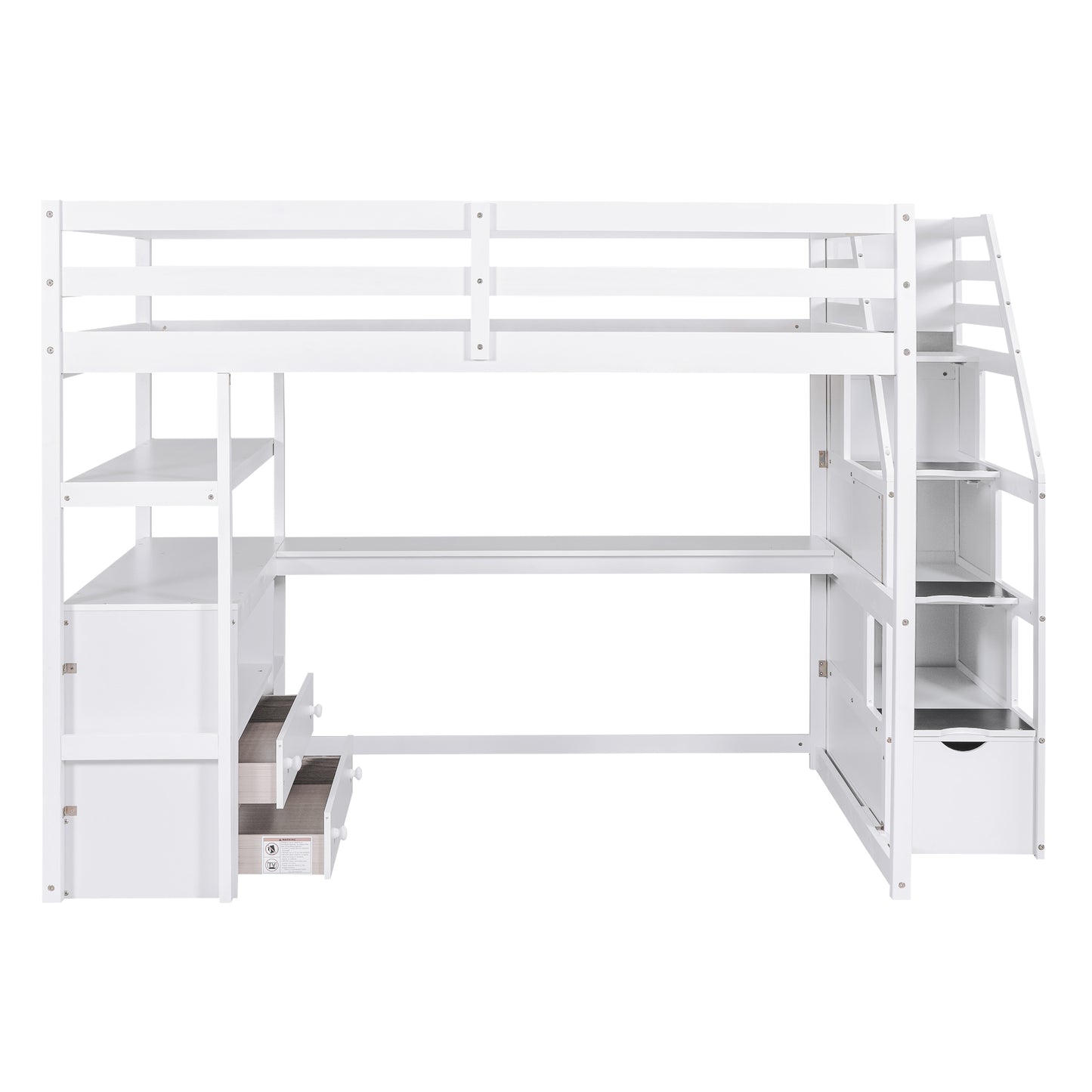 White Full Size Loft Bed with Desk, Shelves, and Built-in Drawers