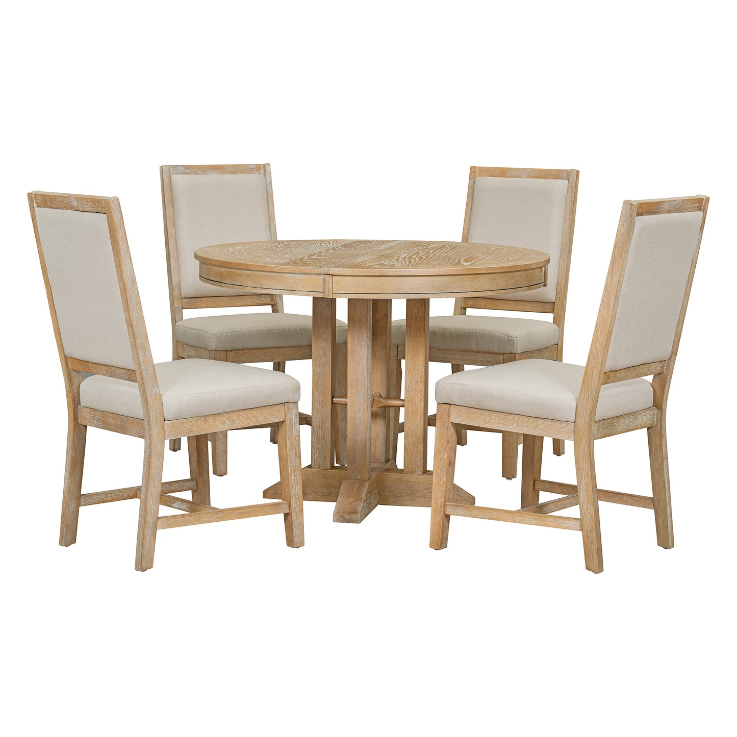 Natural 5-Piece Extendable Round Table and 4 Upholstered Chairs