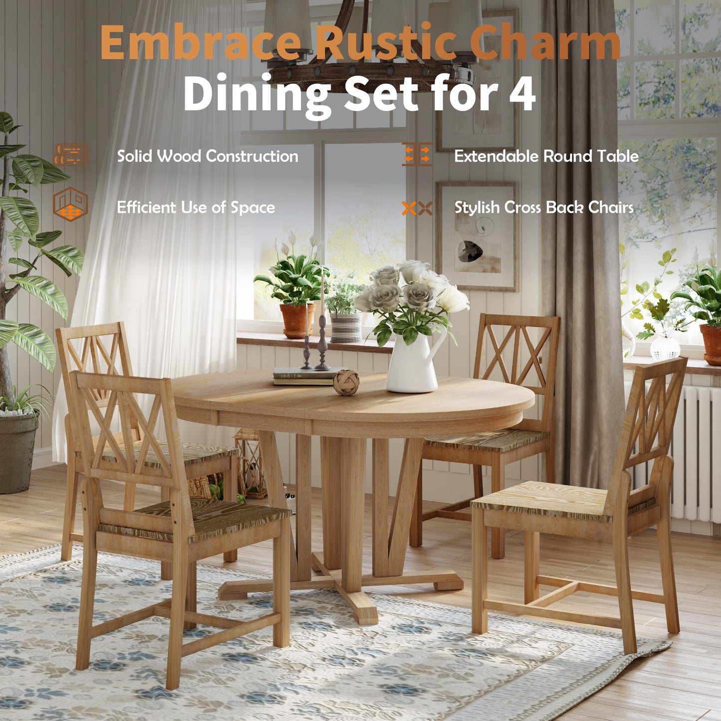 Rustic Natural Rubber Wood 5-Piece Extendable Dining Set