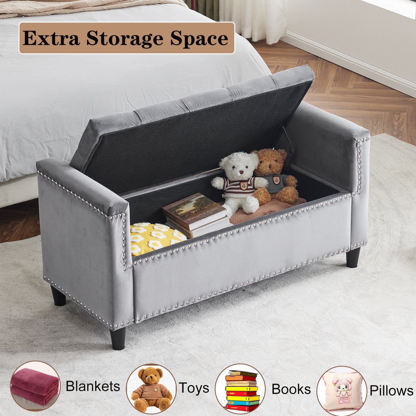 Gray Velvet Button Tufted Storage Bench