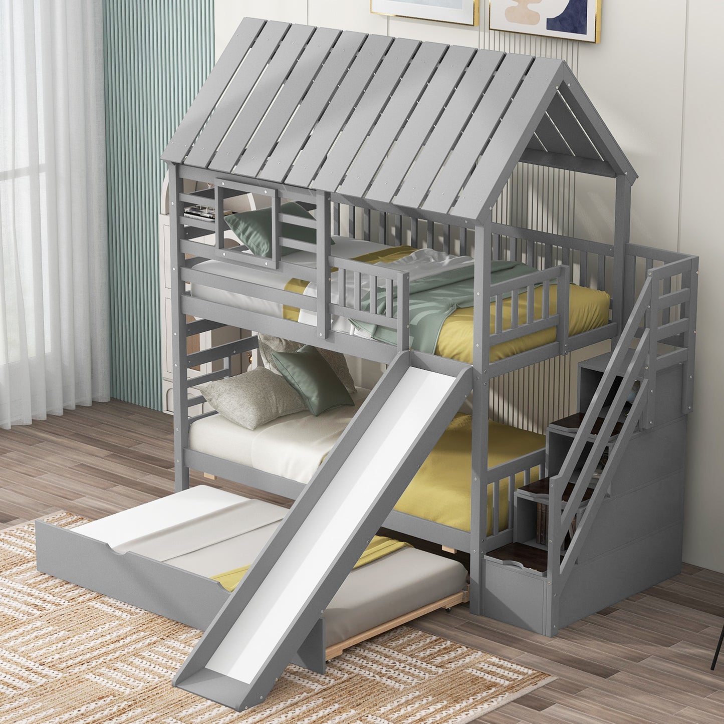 Grey Twin Town House Bunk Bed with Trundle and Slide