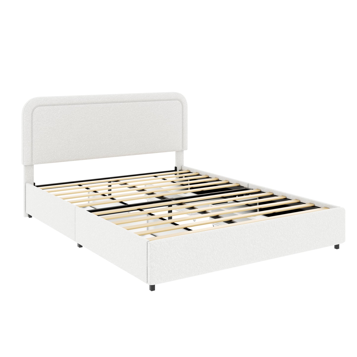 Ivory Boucle Queen Platform Bed with 4 Drawers Storage