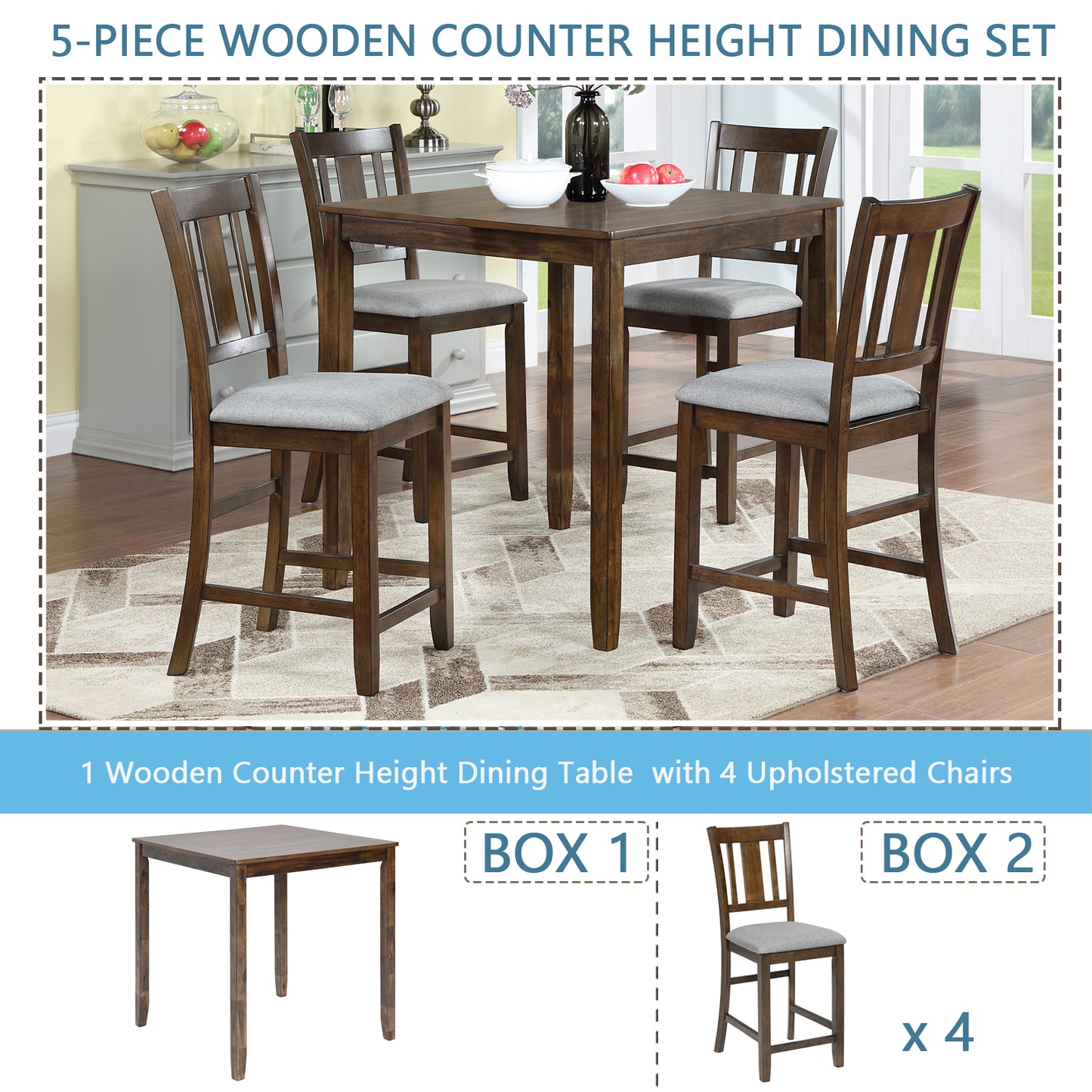 Walnut 5 Piece Counter High Dining Set