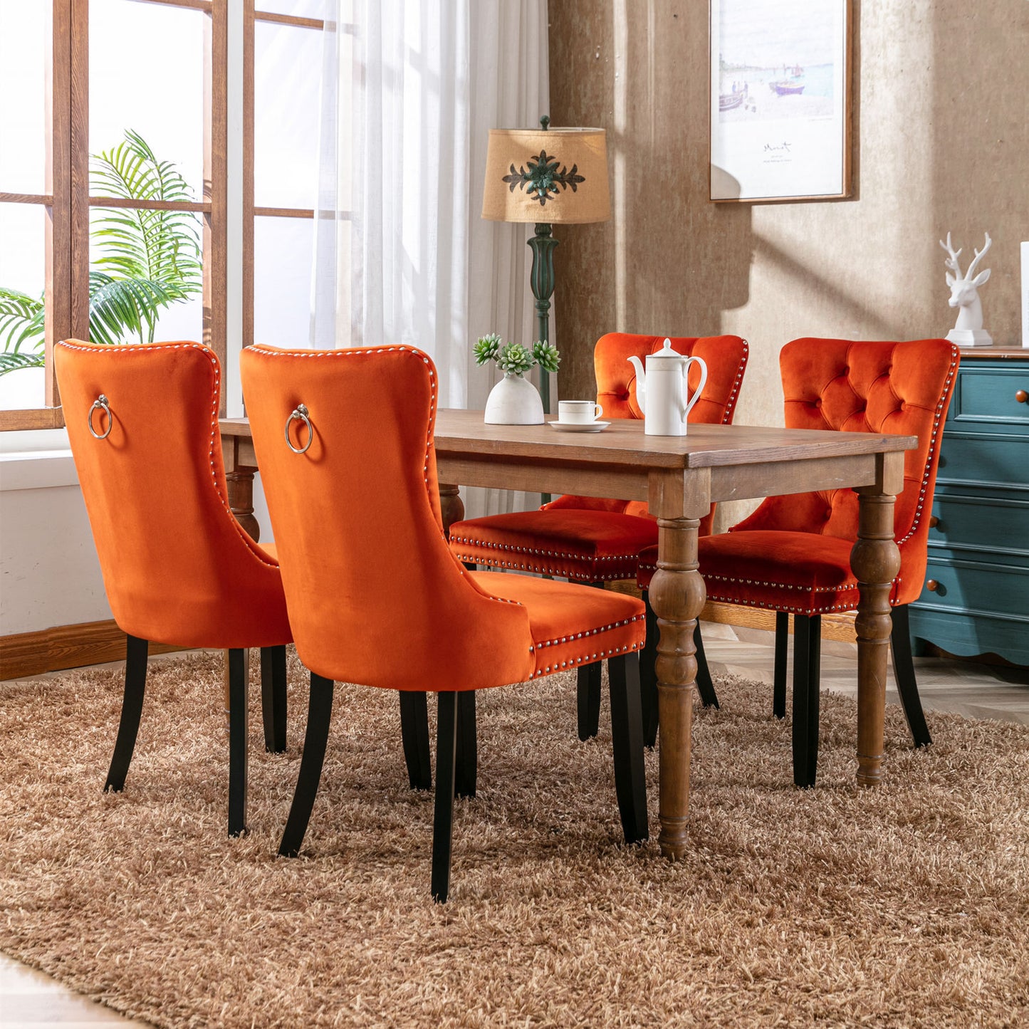 High-End Orange Button Tufted Velvet Dining Chairs 2-Pcs Set