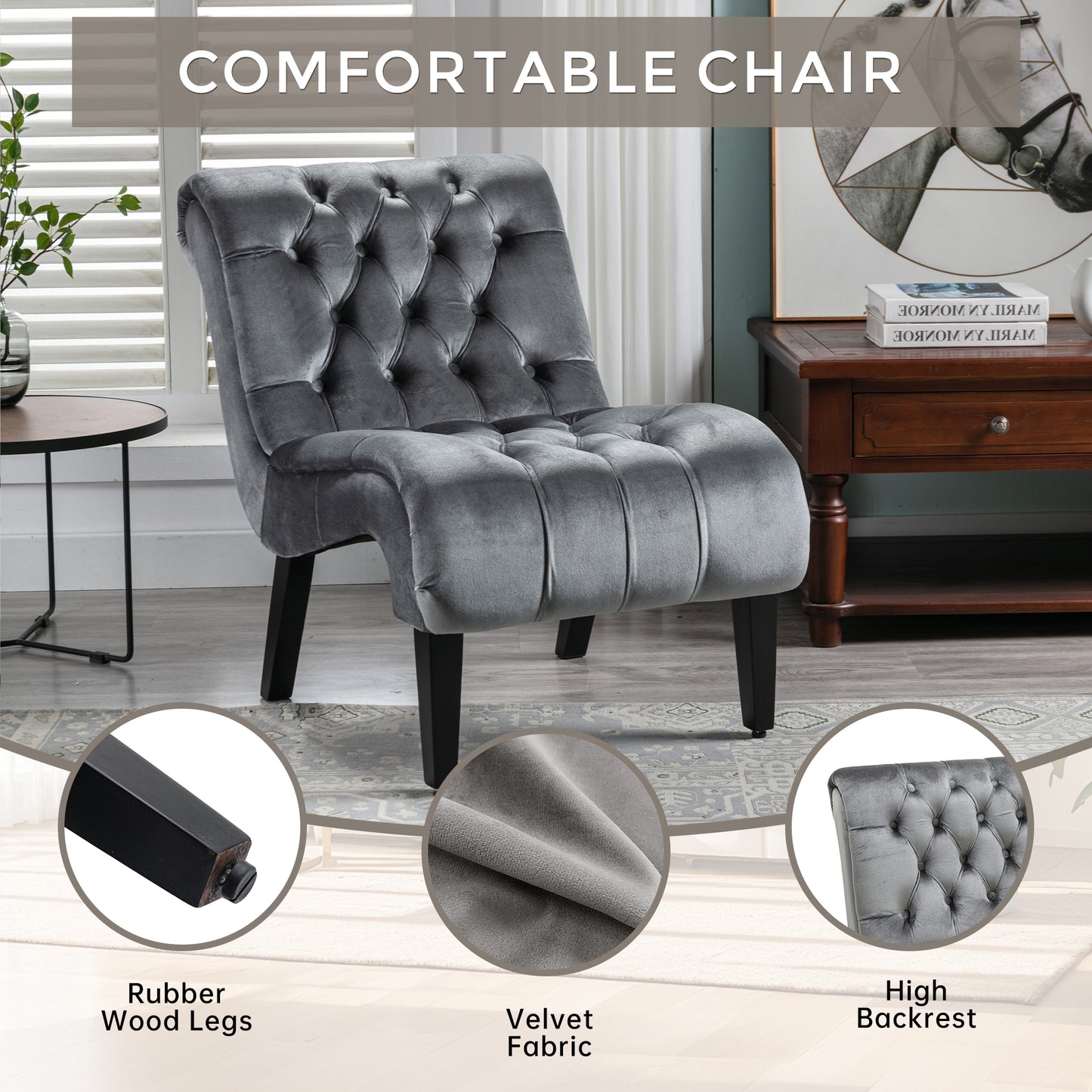 Modern Grey Button Tufted Velvet Armless Recliner