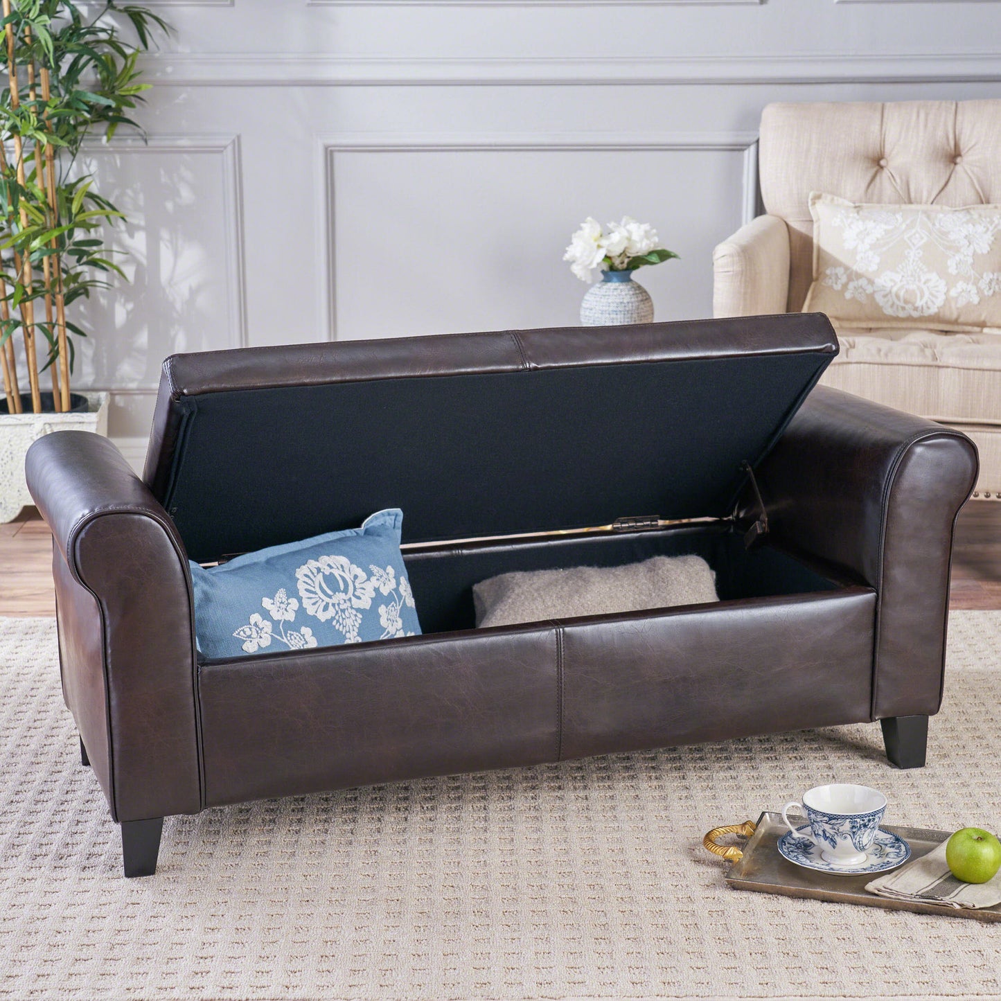 Brown PU Leather Storage Bench