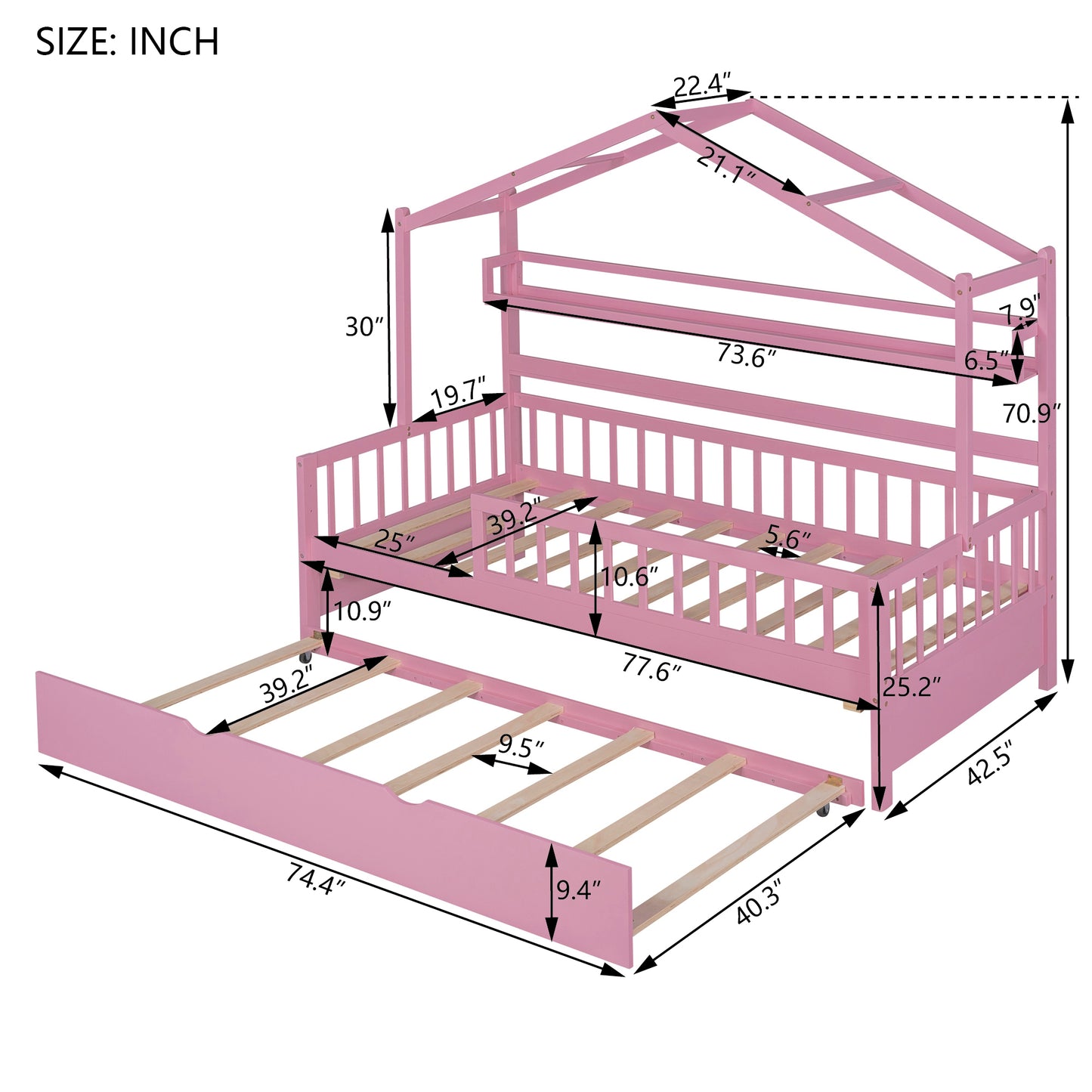 Pink Wooden Twin Size House Bed