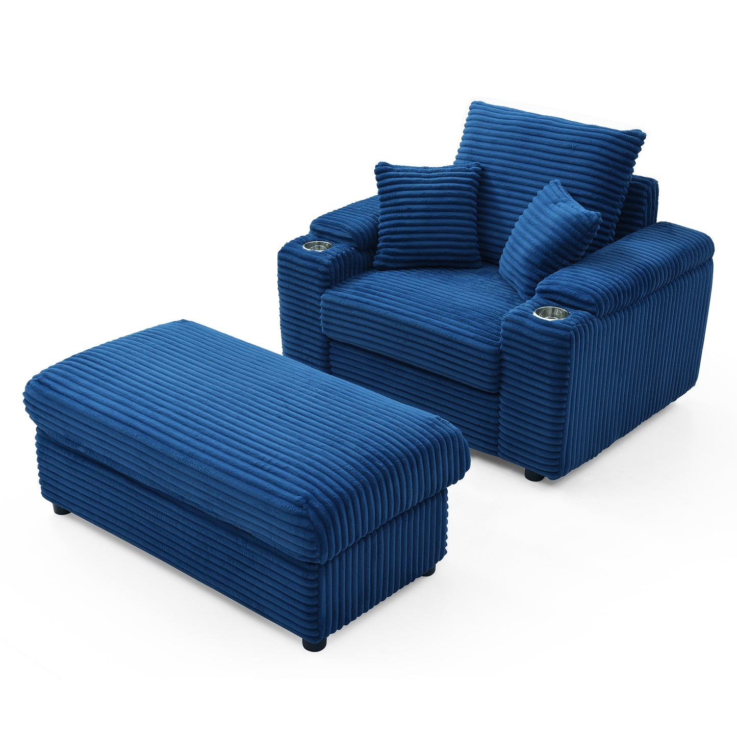 Blue Corduroy Oversized Accent Chair with Ottoman