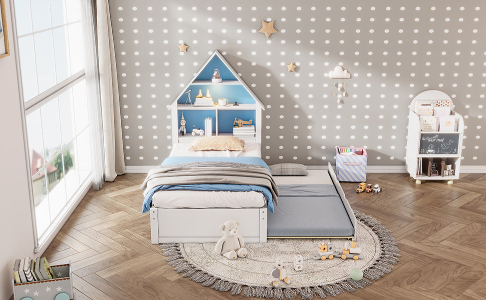 White & Blue House-Shaped Twin Bed with Bookcase Headboard